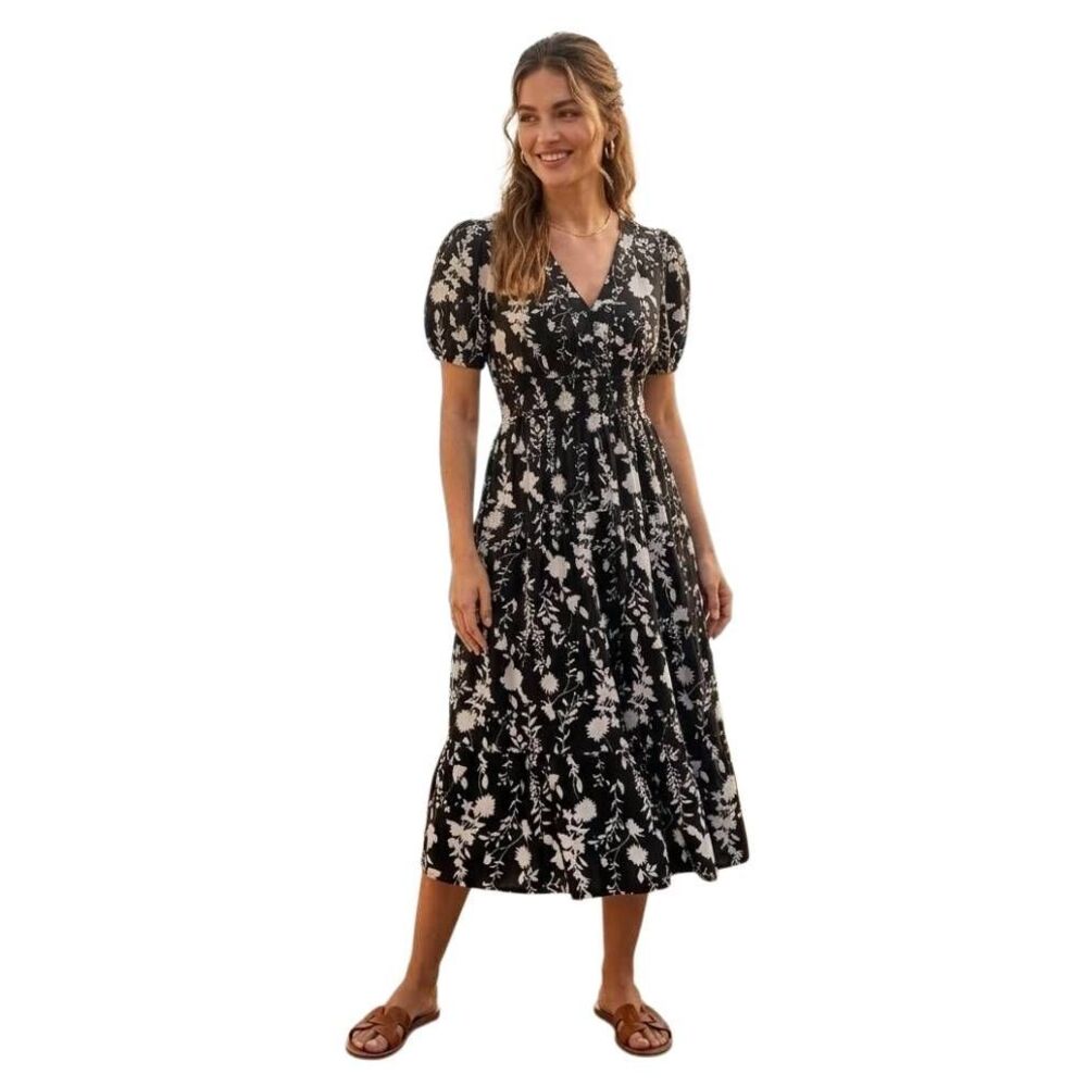 Kings Road NWT Black Floral Cotton Midi Dress Puff Sleeve V-Neck Size XL